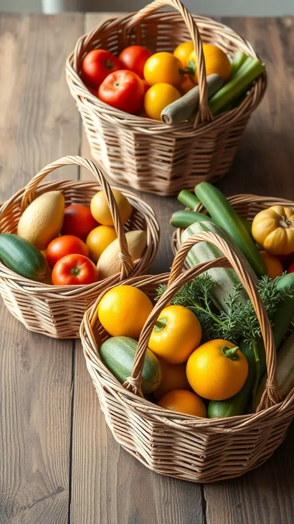 35+ Creative Fall Craft Ideas You’ll Love 15 Three woven baskets filled with colorful fruits and vegetables on a wooden table.