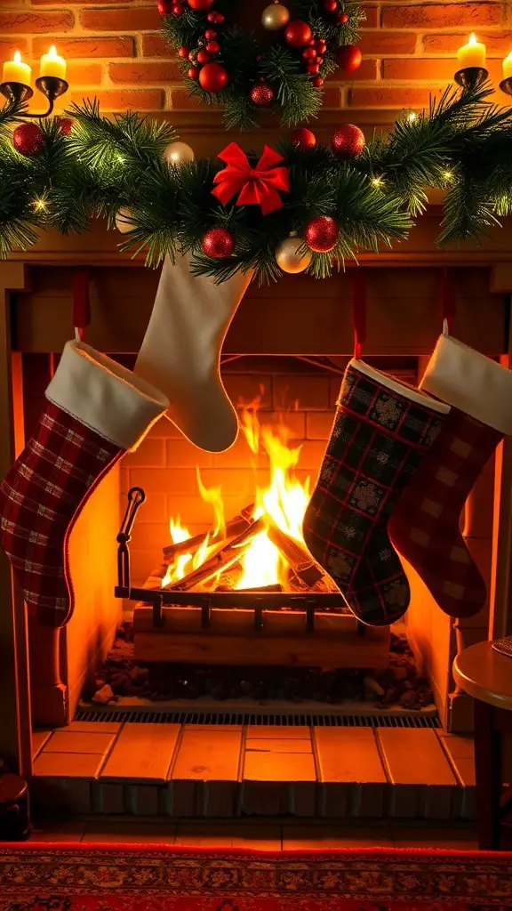 27+ Festive Christmas Painting Ideas to Inspire Your Holiday Spirit 14 A cozy fireplace with stockings hanging above, surrounded by festive decorations.