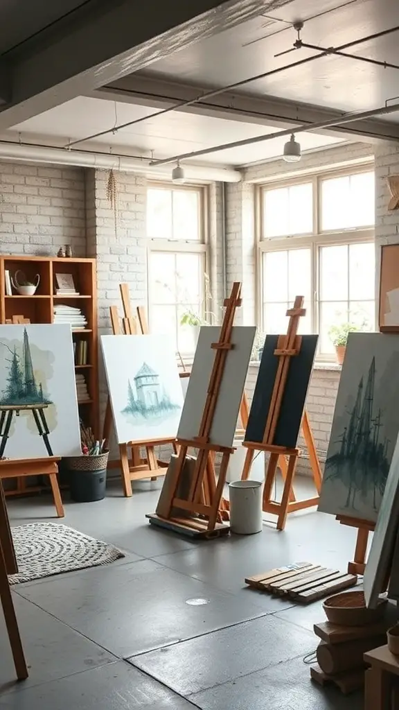 27+ Creative Open Basement Ideas You’ll Love 9 Bright art studio with easels, natural light, and creative atmosphere