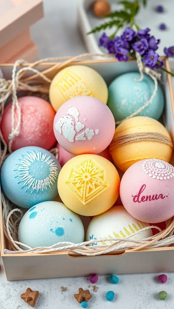 Colorful DIY bath bombs in a wooden box, showcasing various designs and pastel colors.