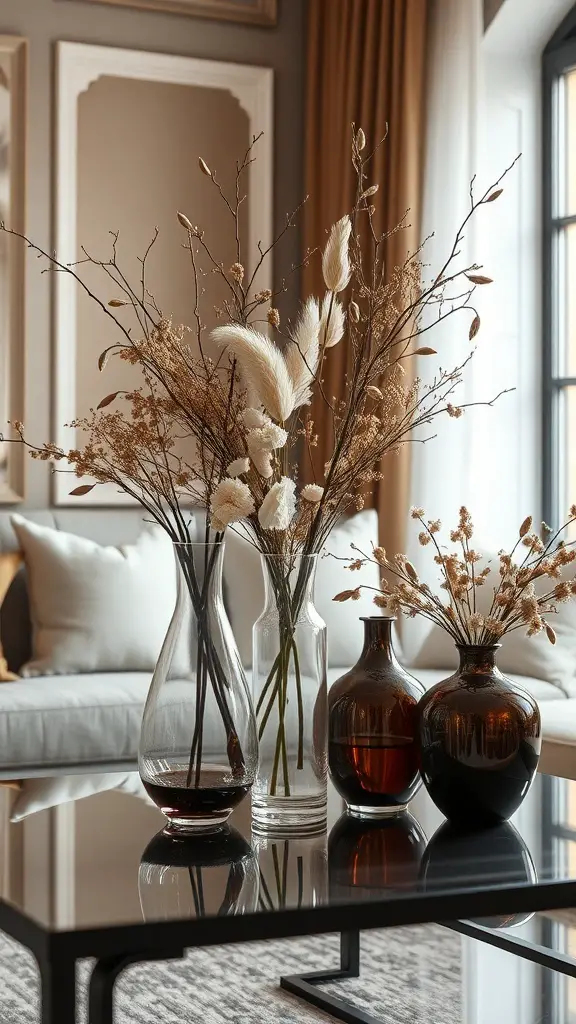 Chic autumn vases with dried flowers and branches on a coffee table