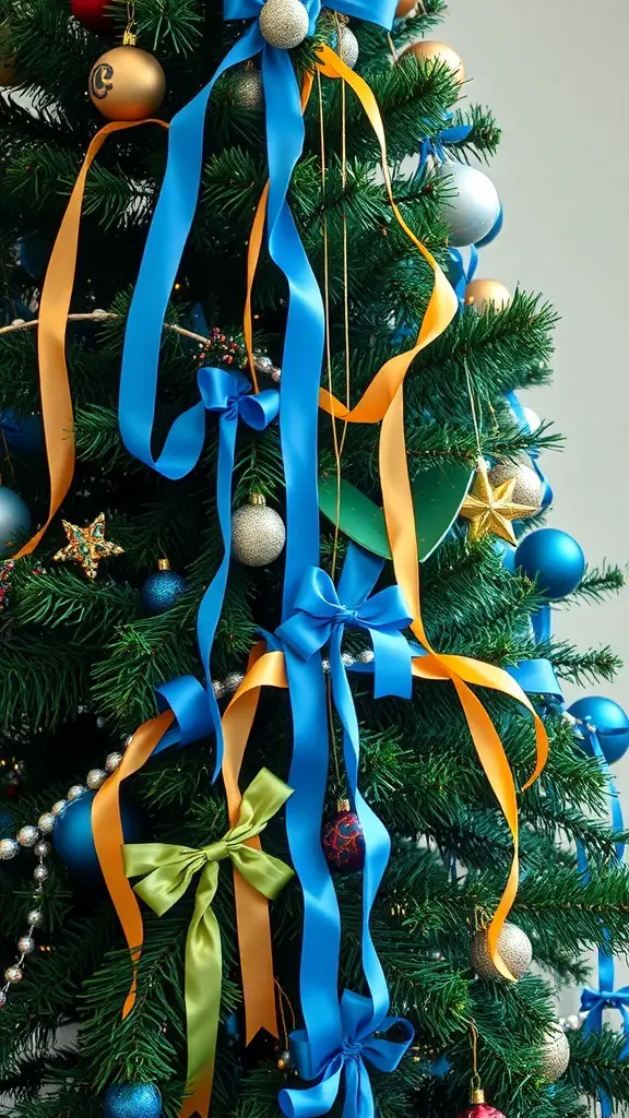 A Christmas tree adorned with blue and gold ribbons, showcasing vibrant colors and festive decorations.
