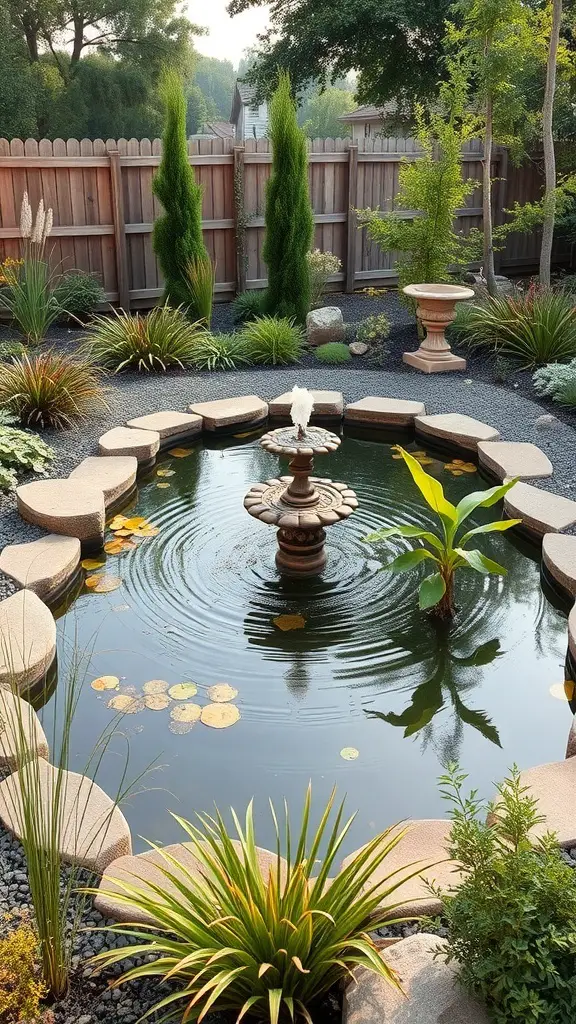 A serene backyard pond with a fountain, surrounded by plants and stones.