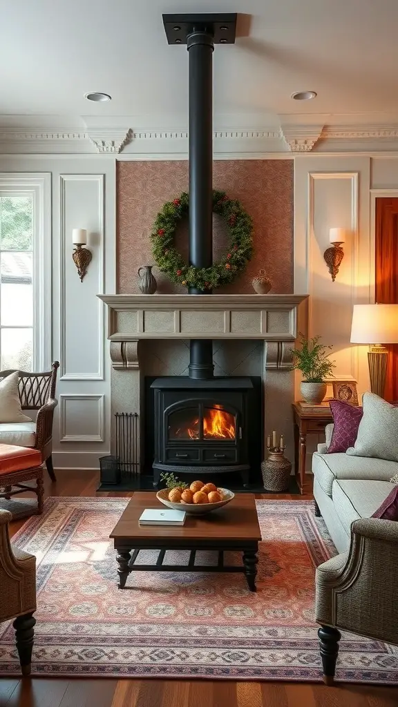 A cozy living room featuring a wood stove as a focal point, decorated with a wreath and warm lighting.