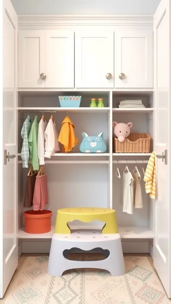 A colorful kids closet with a step stool, showcasing organized clothes and toys.