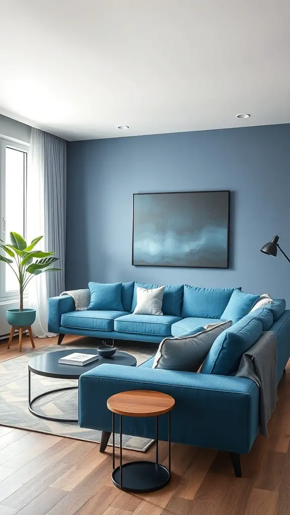 29+ Stunning Blue Couch Living Room Ideas You’ll Love 8 A modern living room featuring a blue sectional couch, wooden flooring, and a plant.