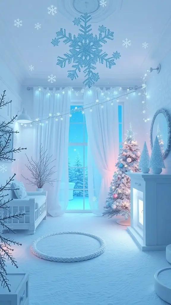 33+ Festive Christmas Party Decor Ideas to Elevate Your Holiday Celebration 16 A cozy winter-themed room with a decorated Christmas tree, snowflakes hanging from the ceiling, and a glowing fireplace.