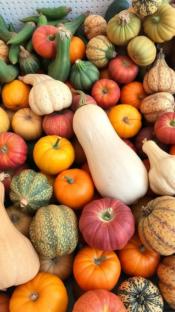 21+ Cozy Fall Mood Board Ideas for the Ultimate Autumn Vibe 21 A colorful display of various pumpkins and gourds in different shapes and sizes.
