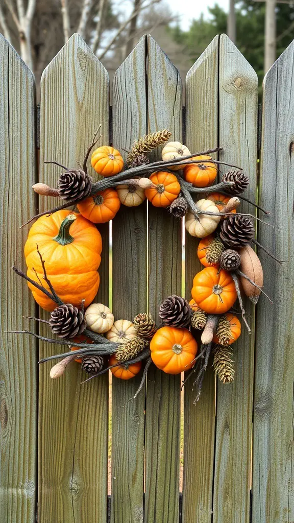 A nature-inspired pumpkin wreath with orange and white pumpkins, pinecones, and twigs on a wooden fence.