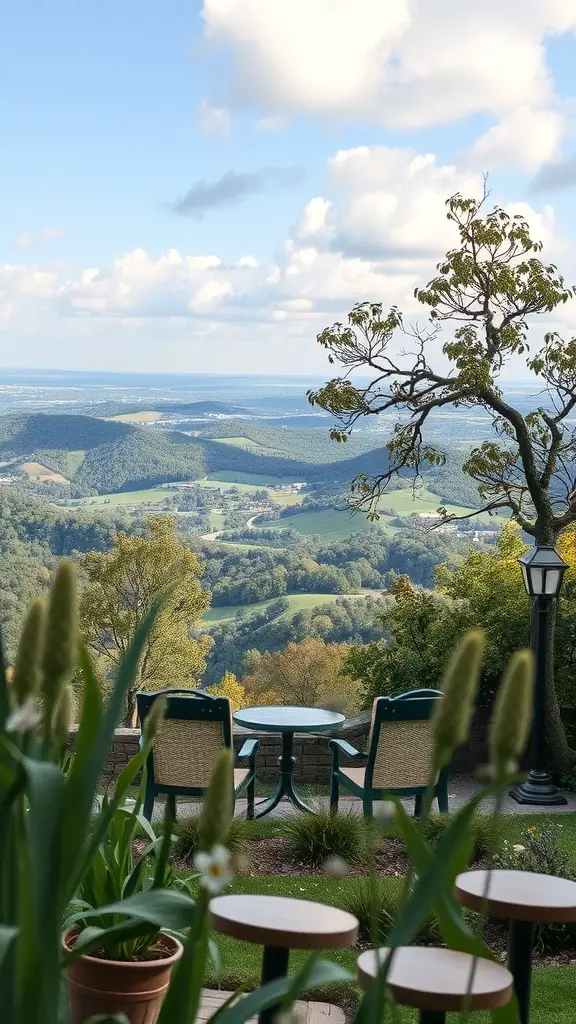 25+ Inspiring Hill Garden Ideas You Need to Try 16 Cozy seating area with chairs and tables overlooking a scenic view of hills and sky.