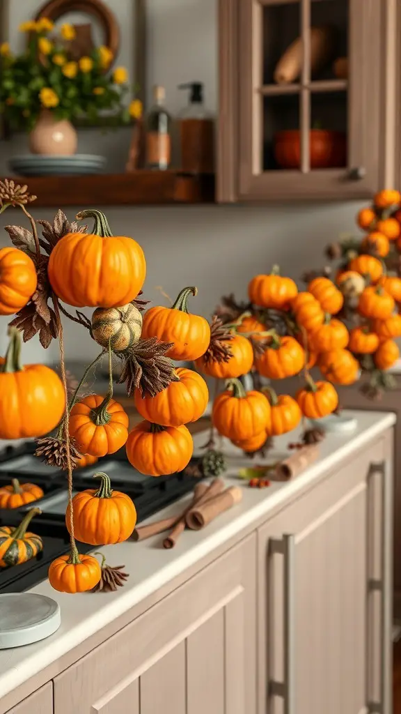 23+ Stunning Fall Garland Ideas for a Cozy Home Decor 13 A cozy kitchen with a garland of orange pumpkins and pinecones.