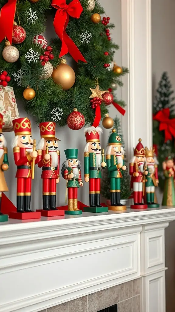 33+ Creative Christmas Mantle Decor Ideas to Transform Your Home 3 Colorful nutcracker figures displayed on a mantle with a festive wreath in the background.