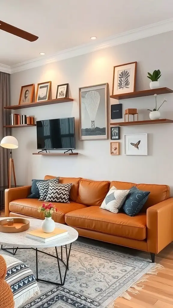 29+ Modern Cottage Living Room Ideas You’ll Love 16 A cozy modern cottage living room featuring creative wall space with shelves displaying art and plants.