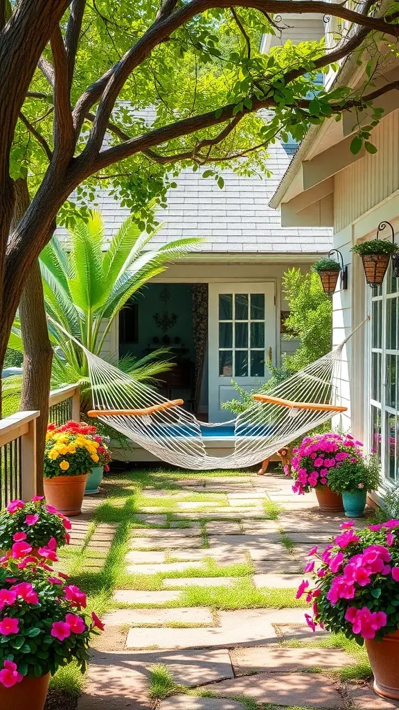 A cozy hammock surrounded by colorful flowers and greenery in a garden