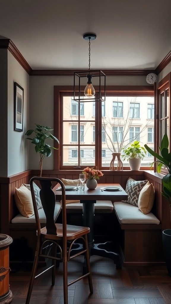 29+ Essential Items for a Cozy Dark Cottagecore Kitchen 13 Cozy breakfast nook with wooden accents, a small table, and cushioned seating by the window.
