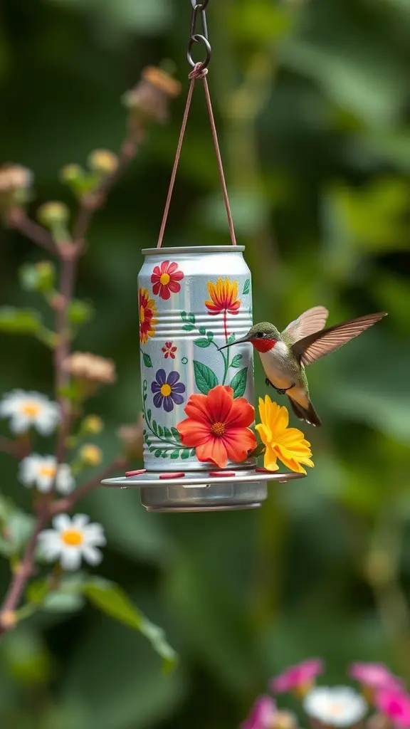 A colorful recycled soda can hummingbird feeder with a hummingbird hovering nearby.