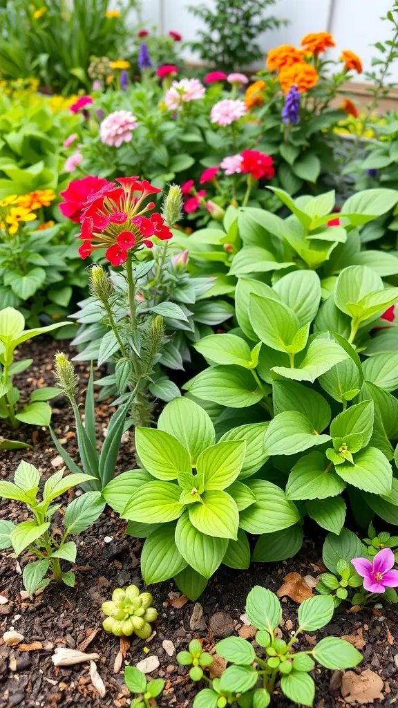 31+ Inspiring Bio Garden Ideas for a Sustainable Backyard 5 A colorful garden featuring various flowers and plants, showcasing companion planting strategies.