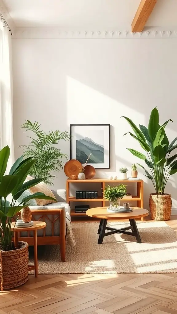 A stylish living room featuring natural elements like plants and wooden furniture.