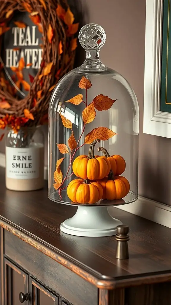 27+ Fall Entry Table Decor Ideas with 20 A glass cloche displaying small orange pumpkins and autumn leaves on a wooden table.