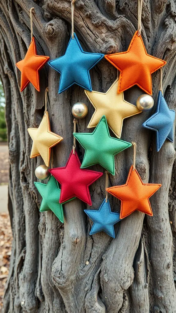 Colorful scrap fabric stars hanging on a tree trunk