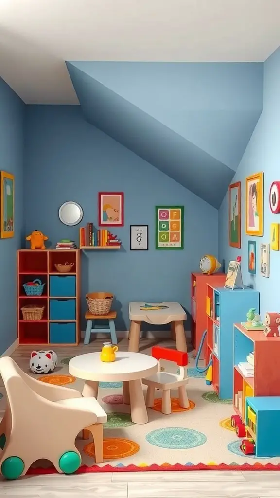 25+ Creative Under Stairs Storage Ideas for Every Home 14 A colorful kids' play area under the stairs with blue walls, a small table, chairs, and storage for toys.
