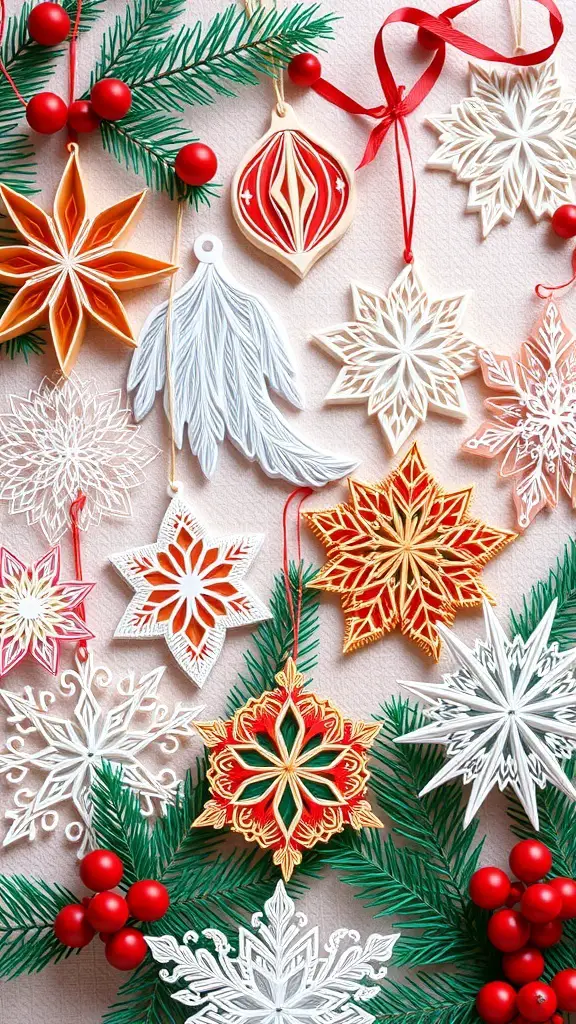 A collection of colorful paper quilling Christmas ornaments displayed with greenery and red berries.