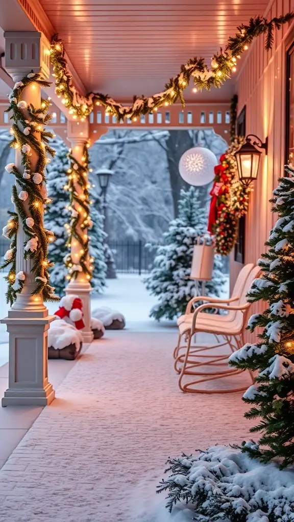 A snowy porch decorated for Christmas with garlands, lights, and festive ornaments.