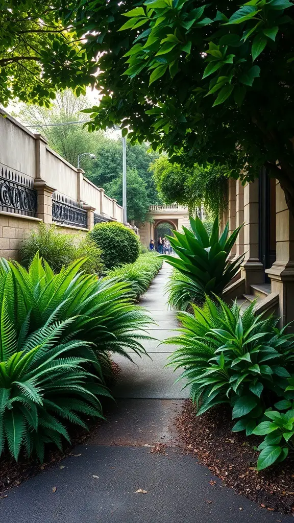 29+ Creative Street Garden Ideas for a Stunning Urban Oasis 21 A pathway lined with ferns and hostas in a shaded garden