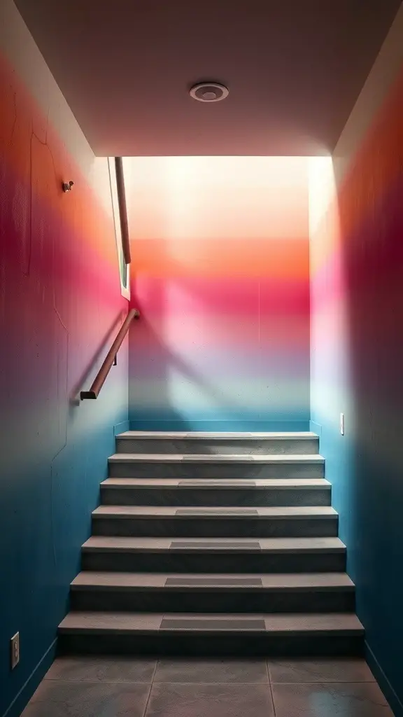 29+ Creative Basement Stairwell Ideas to Transform Your Space 18 A colorful basement stairwell with a gradient paint effect transitioning from pink to blue.