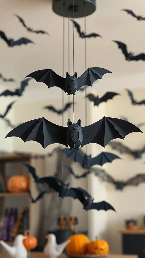29+ Creative Halloween Craft Ideas to Spookify Your Home 13 A bat mobile with black bats hanging from strings in a decorated room with pumpkins.