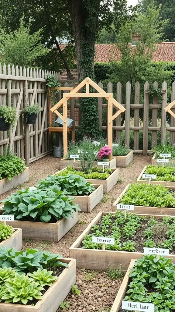 A well-organized herb garden with raised wooden beds and labeled herbs.