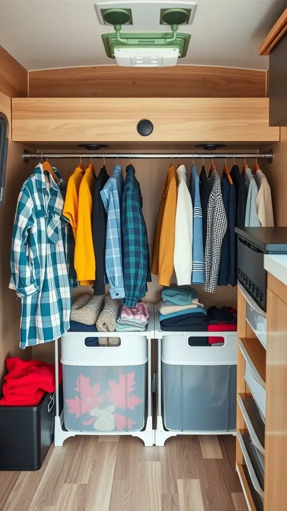 33+ Creative Camper Clothes Storage Ideas for Your Next Adventure 15 Organized camper closet with hanging clothes and folded items in bins