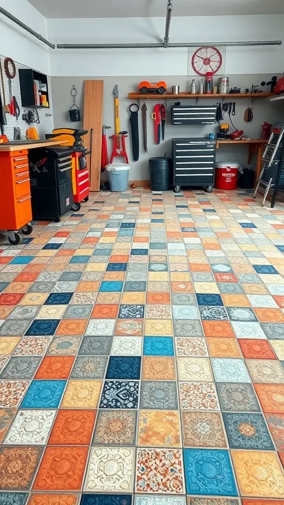 25+ Creative Garage Tile Floor Ideas to Transform Your Space 12 Colorful mosaic tile pattern on a garage floor