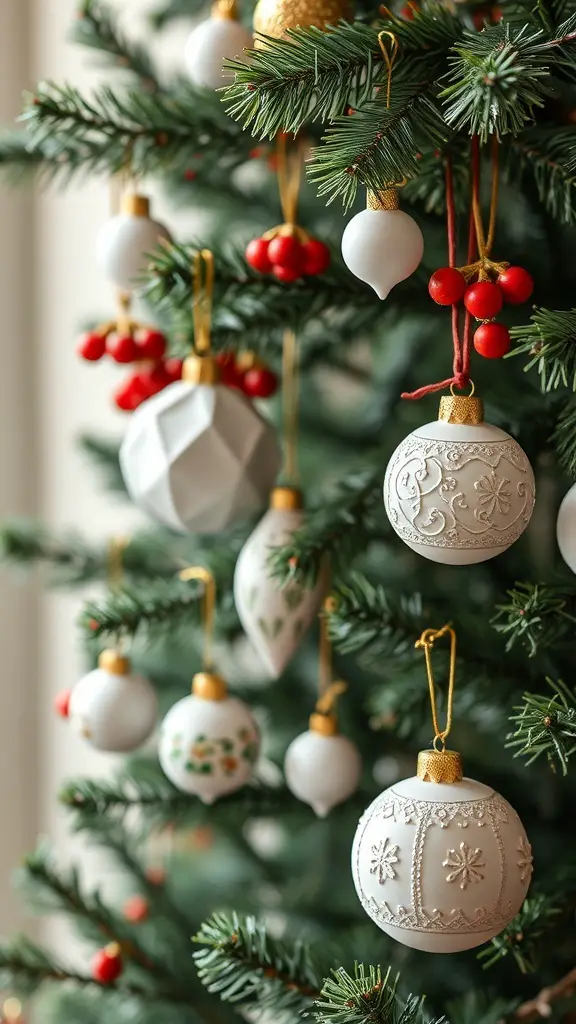 A close-up of a Christmas tree decorated with ceramic and porcelain ornaments in white and red.