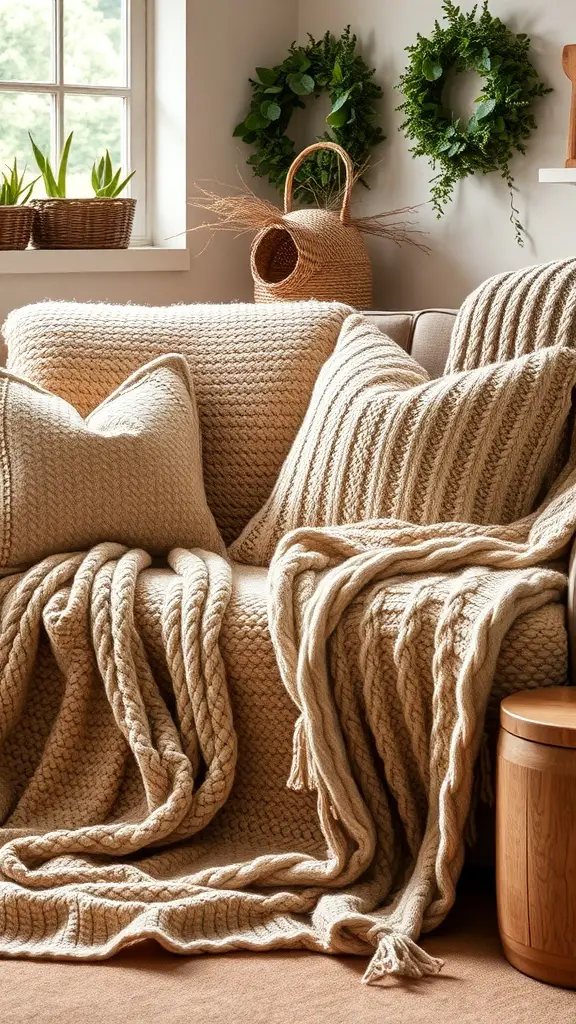 23+ Cozy English Cottage Living Room Ideas for a Warm Home Aesthetic 8 Cozy English cottage living room with knitted throws and cushions on a sofa