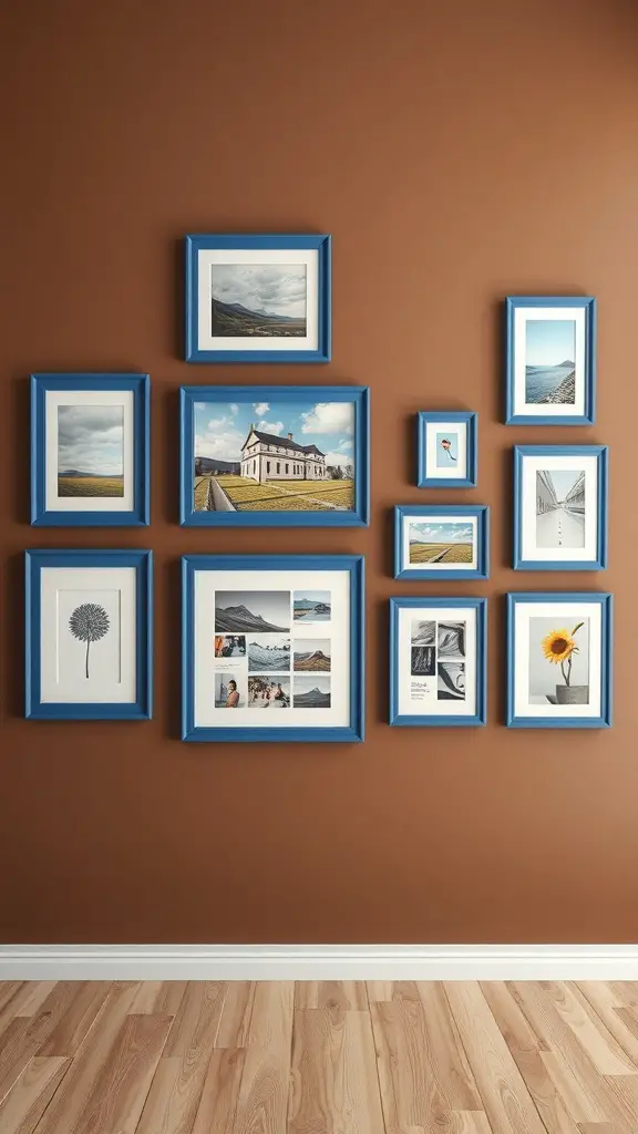 Gallery wall with blue frames on a brown background featuring various artworks and photographs.