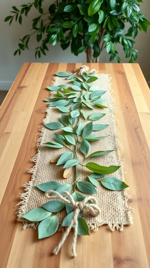 A burlap table runner with green leaves on a wooden table, surrounded by a leafy plant.