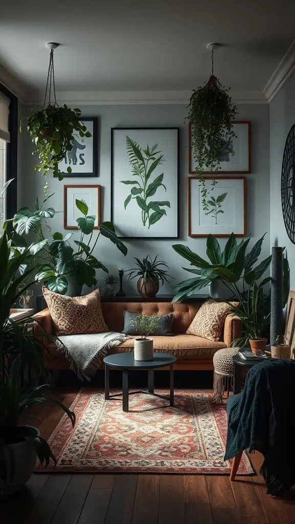 A cozy living room featuring a brown sofa, lush plants, and botanical prints on the walls.