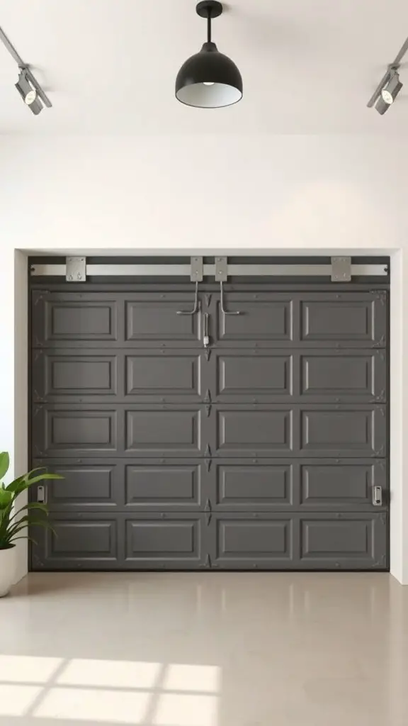 23+ Creative Car Room Decor Ideas for Enthusiasts 16 A modern gray garage door used as a room divider in a stylish interior space.