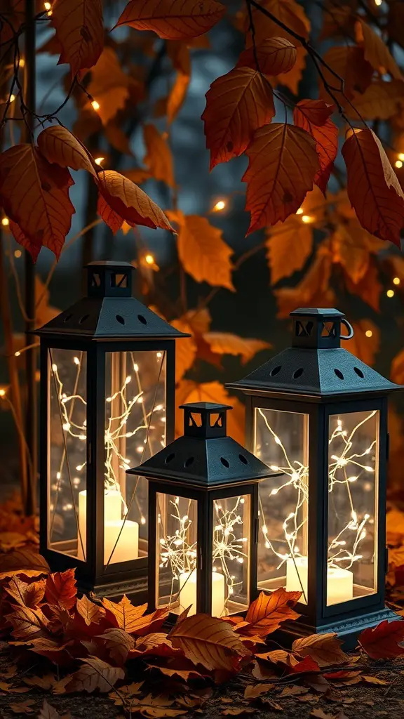 37+ Creative Indoor Fall Decorations You’ll Love 15 A cozy display of lanterns surrounded by autumn leaves and fairy lights.