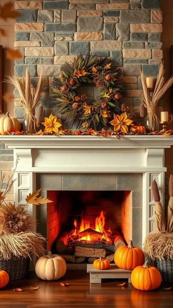 27+ Spooktacular Halloween Fireplace Decor Ideas You Need to Try 19 A rustic fireplace decorated for autumn with pumpkins, a wreath, and dried wheat.