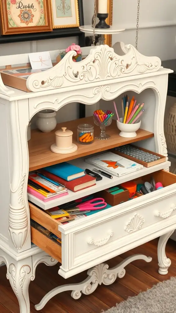 25+ Craft Tables with Storage for Organized Creativity 20 A vintage-style craft table with ornate design, featuring drawers and open shelving filled with colorful supplies.