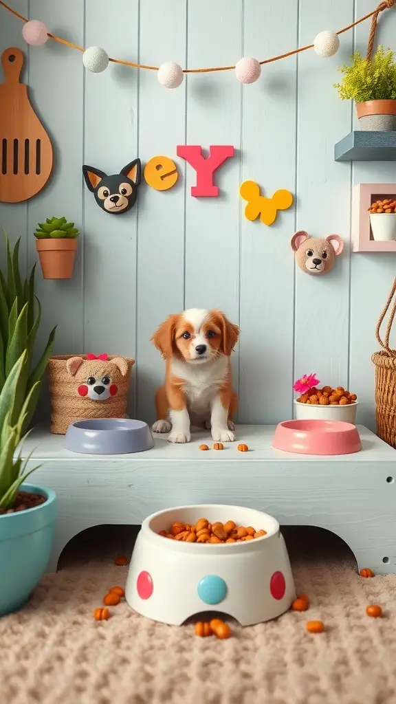 A themed dog feeding station with a puppy, colorful bowls, and playful decorations.