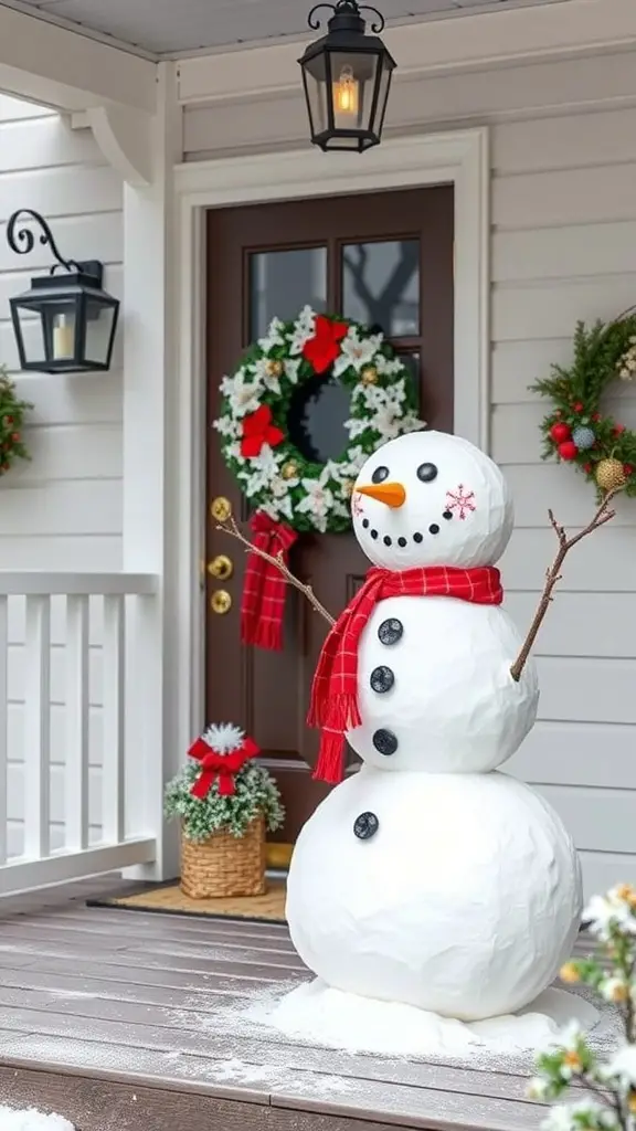 A cheerful snowman decoration on a porch, complete with a scarf and buttons.