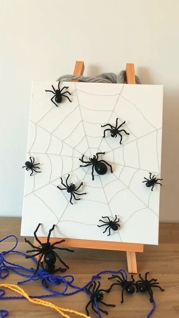 27+ Fun Halloween Crafts for Kids to Spook Up Your Season 7 A canvas displaying a spider web made of string with plastic spiders attached, set on an easel.