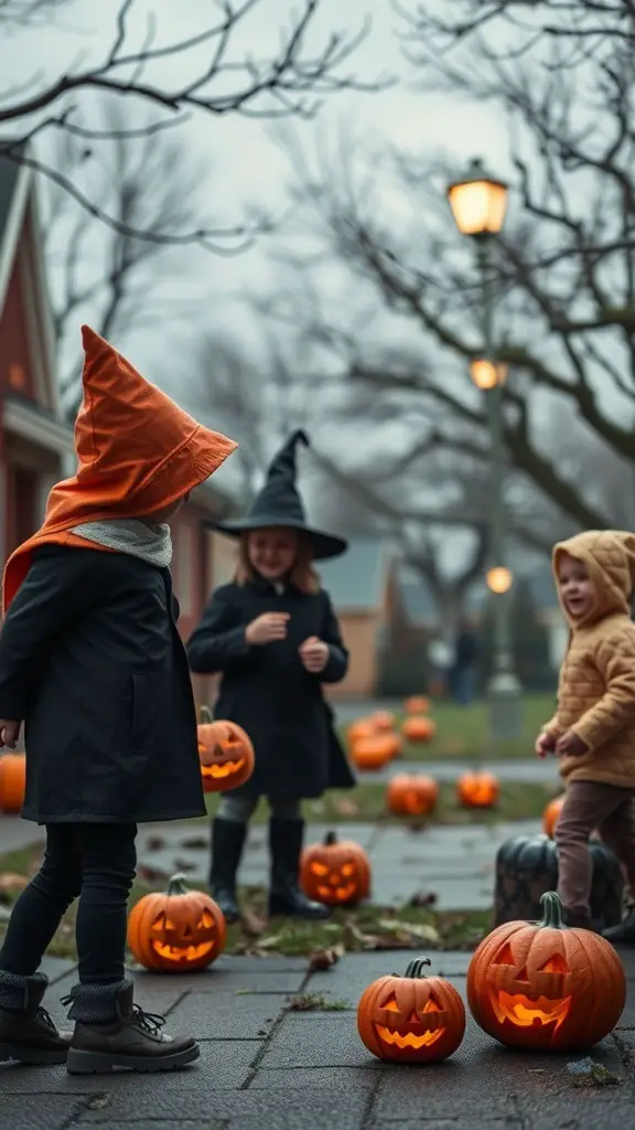 Children in Halloween costumes playing among carved pumpkins
