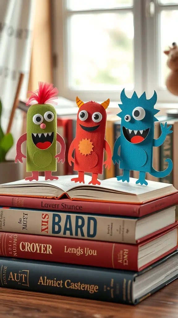 29+ Creative Halloween Craft Ideas to Spookify Your Home 14 Colorful monster bookmarks made from felt, sitting on a stack of books.