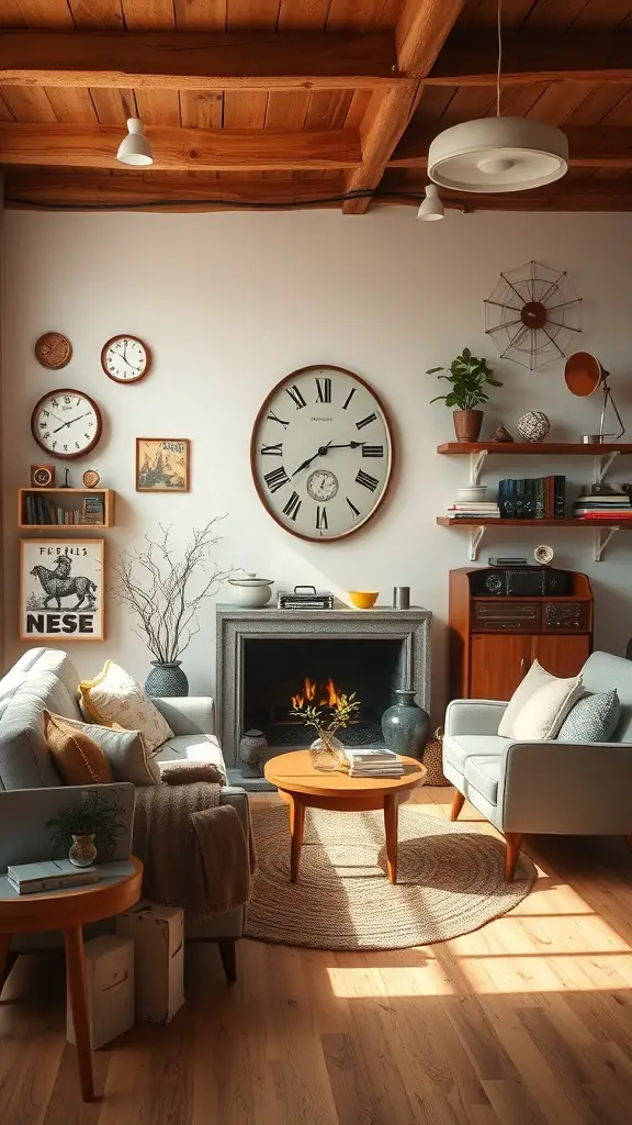 31+ Inspiring Mid Century Decor Ideas for a Stylish Home 10 Cozy living room with mid-century decor, featuring a large wall clock, vintage accessories, and comfortable furniture.