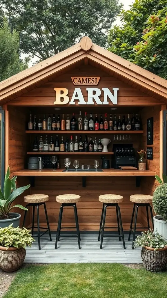 A cozy garden bar with a wooden structure, stocked shelves, and seating.