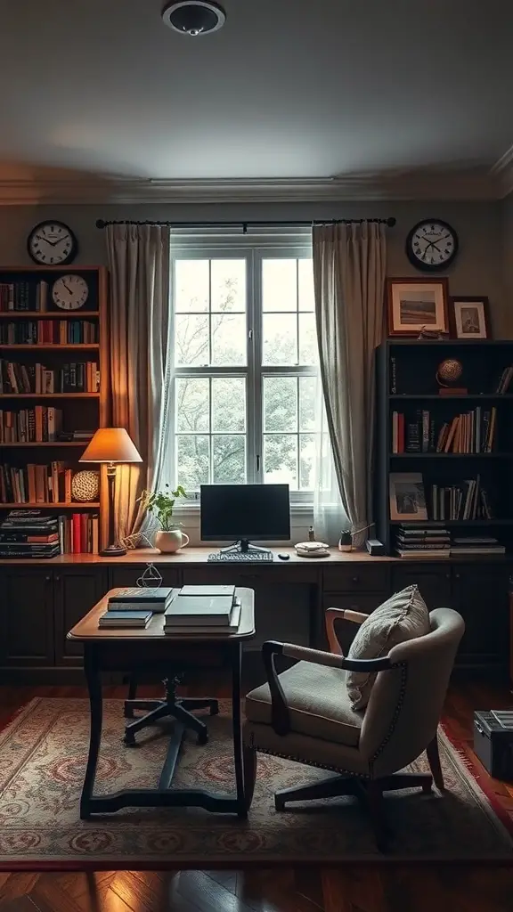 25+ Dark Academia Living Room Essentials You Need for a Cozy Aesthetic 14 A cozy study nook with a wooden desk, comfortable chair, bookshelves, and natural light from a window.